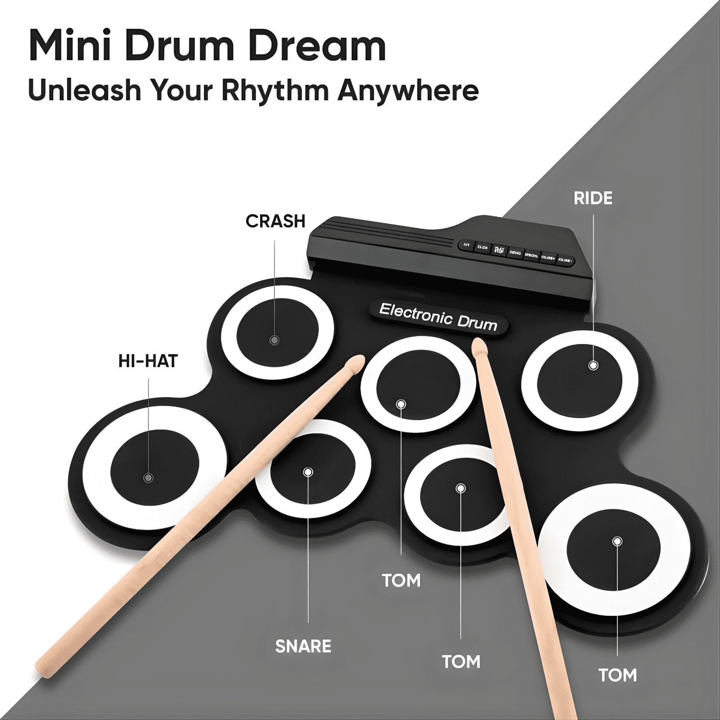 Roll-Up Electronic Drum Set for Kids & Beginners - Black